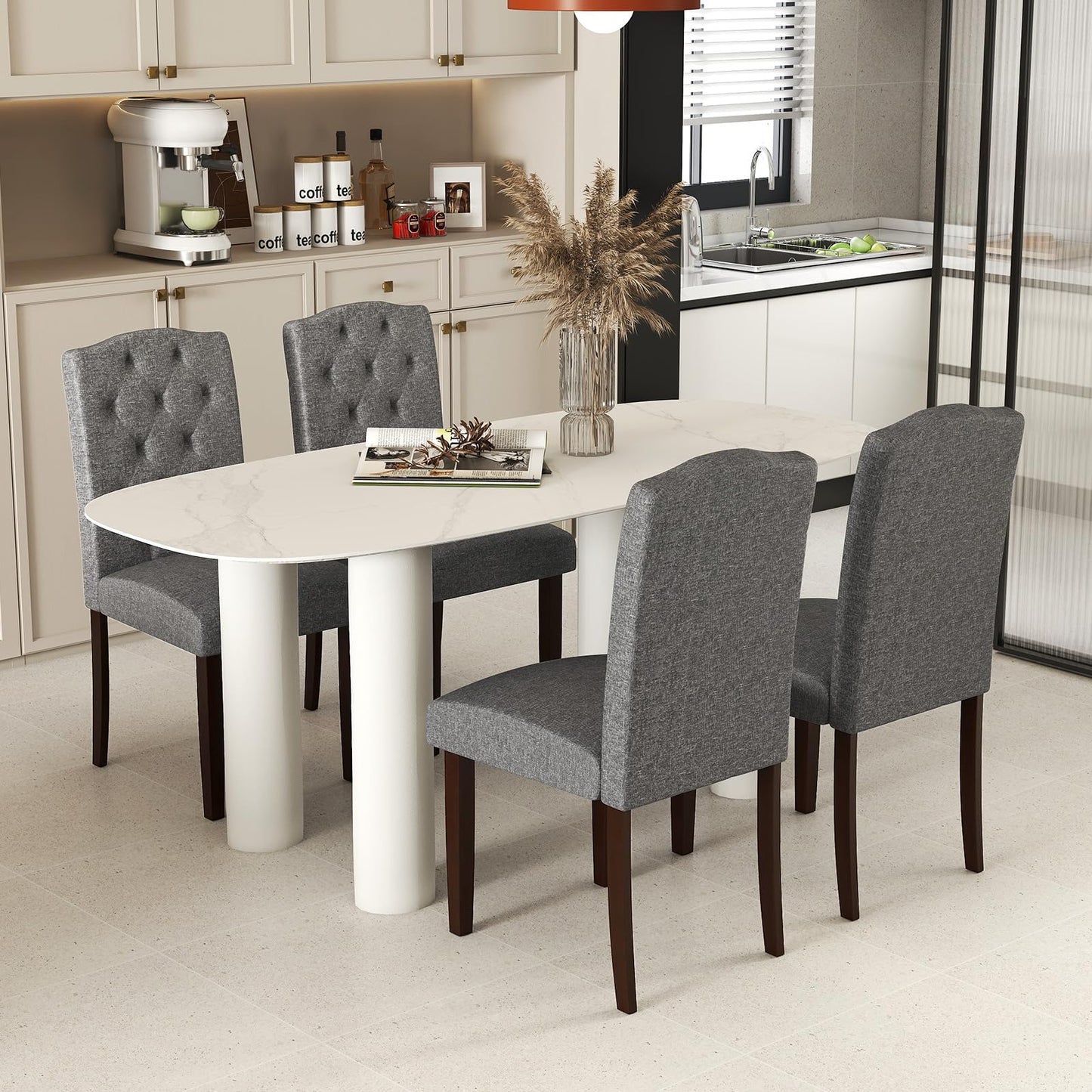 NAFORT Fabric Dining Chairs, Classic High Back Kitchen Living Room Chairs with Solid Rubber Wood Legs, Upholstered Padded Parsons Chair Set of 6, for Dining Room, Kitchen, Living Room, Grey