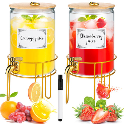 1 Gallon Drink Dispenser,2 Pack Glass Beverage Dispenser With Stand,Juice Containers with Lid for Party,Drink Dispensers for Parties With Spigot for Lemonade/Soda/Tea
