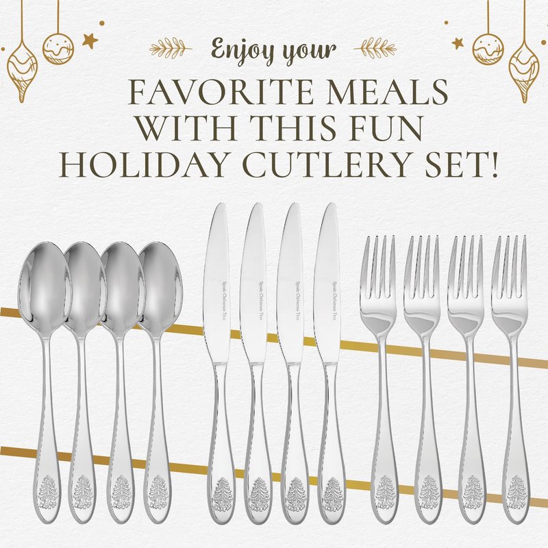 Spode Christmas Tree Collection 20-Piece Stainless Steel Flatware Set - Holiday Cutlery Set - Dishwasher Safe Silverware - 4 Dinner Forks, Salad Forks, Dinner Knives, Tablespoons, Teaspoons