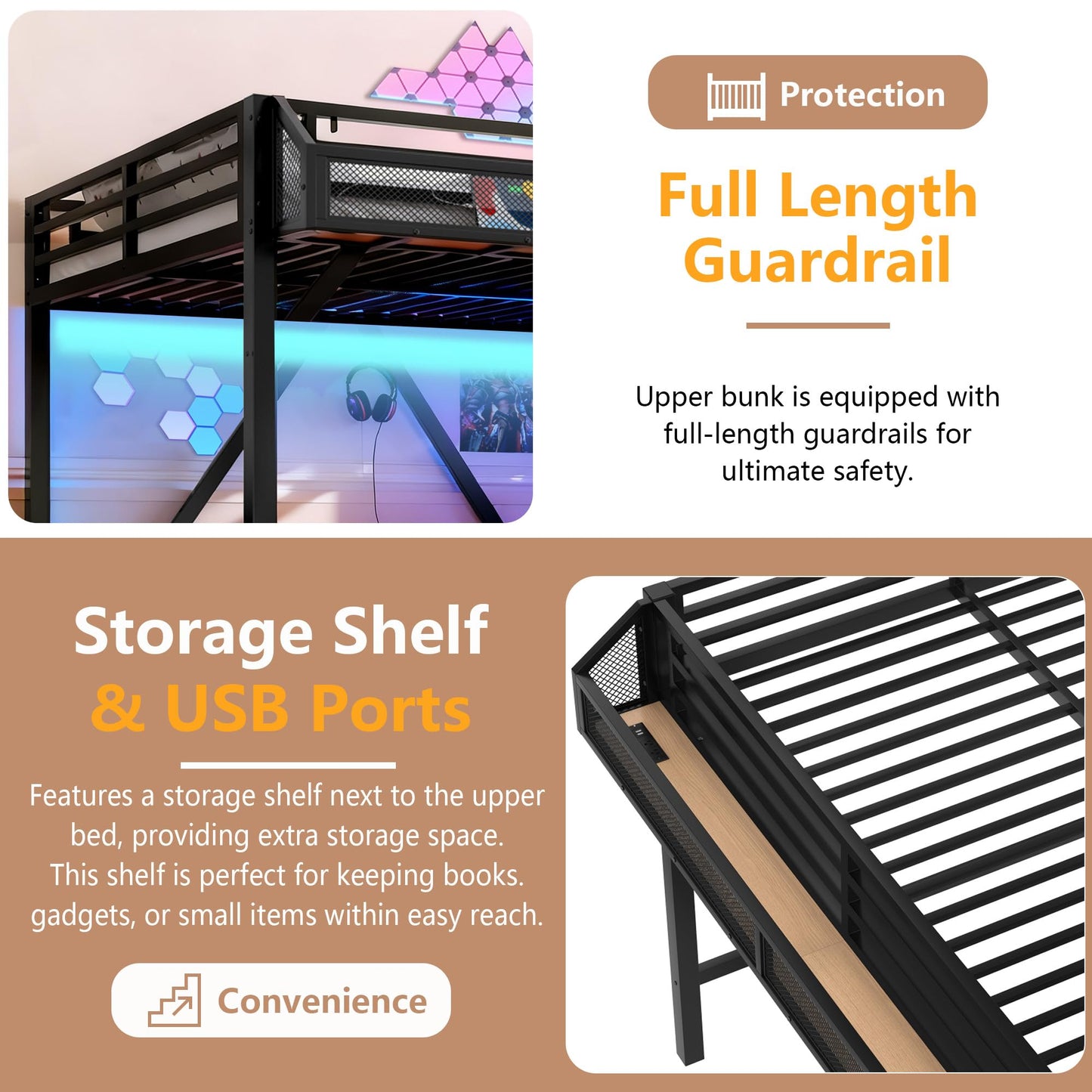 Bellemave Queen Metal Loft Bed with Storage Stairs, Shelves & Wardrobe, Queen Size Loft Bed Frame with LED Lights & USB Ports for Kids Teens, Noise-Reduced Design, Natural Wood