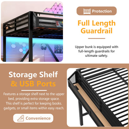 Bellemave Queen Metal Loft Bed with Storage Stairs, Shelves & Wardrobe, Queen Size Loft Bed Frame with LED Lights & USB Ports for Kids Teens, Noise-Reduced Design, Natural Wood