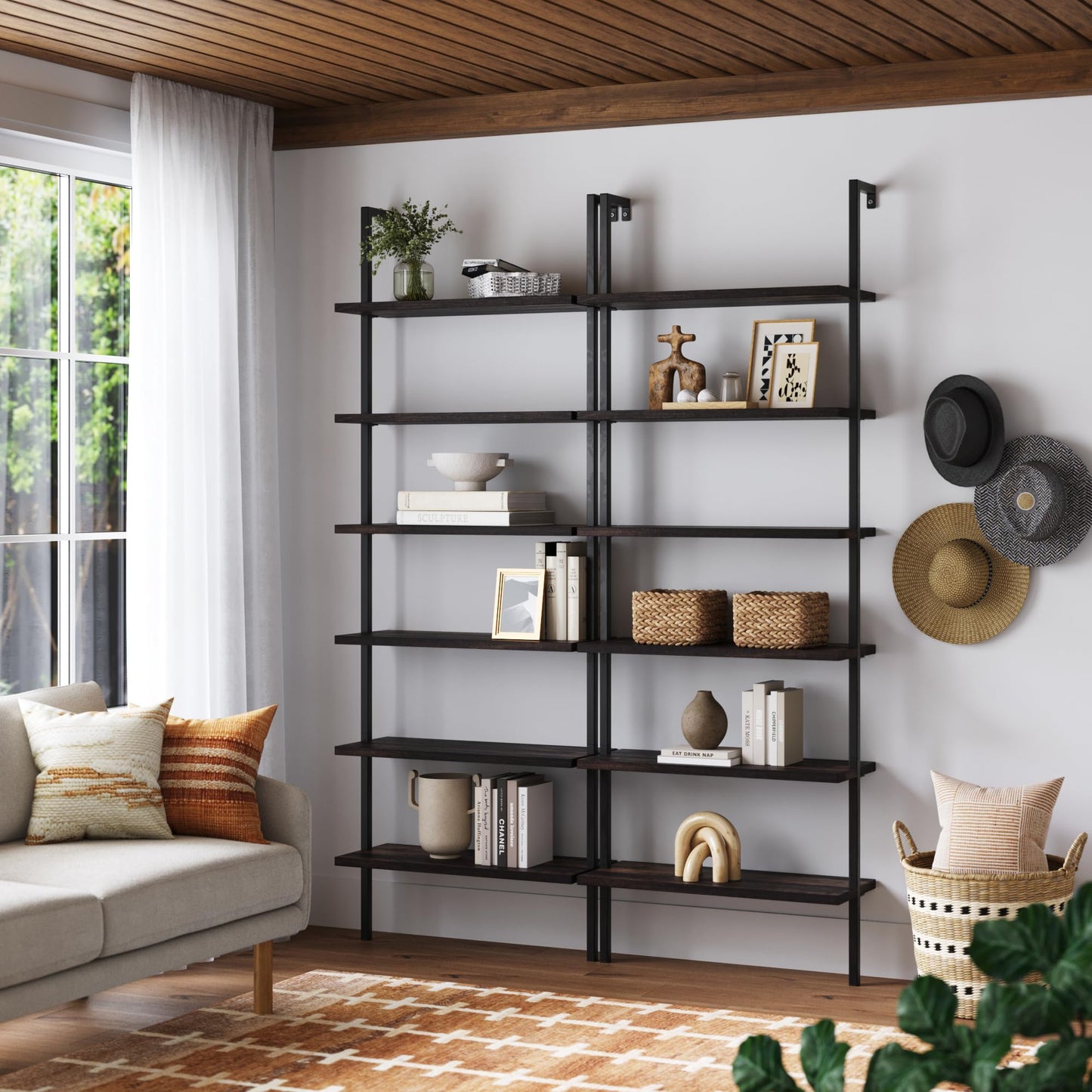 Nathan James Theo 6-Shelf Tall Bookcase, Wall Mount Bookshelf with Natural Wood Finish and Industrial Metal Frame, Nutmeg/Matte Black, Set of 2
