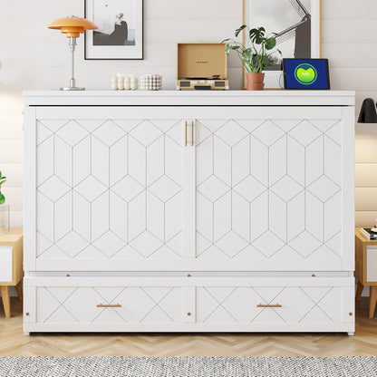 Merax Queen Size Murphy Cabinet Bed with Storage Drawers, Wall Murphy Bed with a Set of Sockets & USB Ports, Folding Platform Bed for Small Room