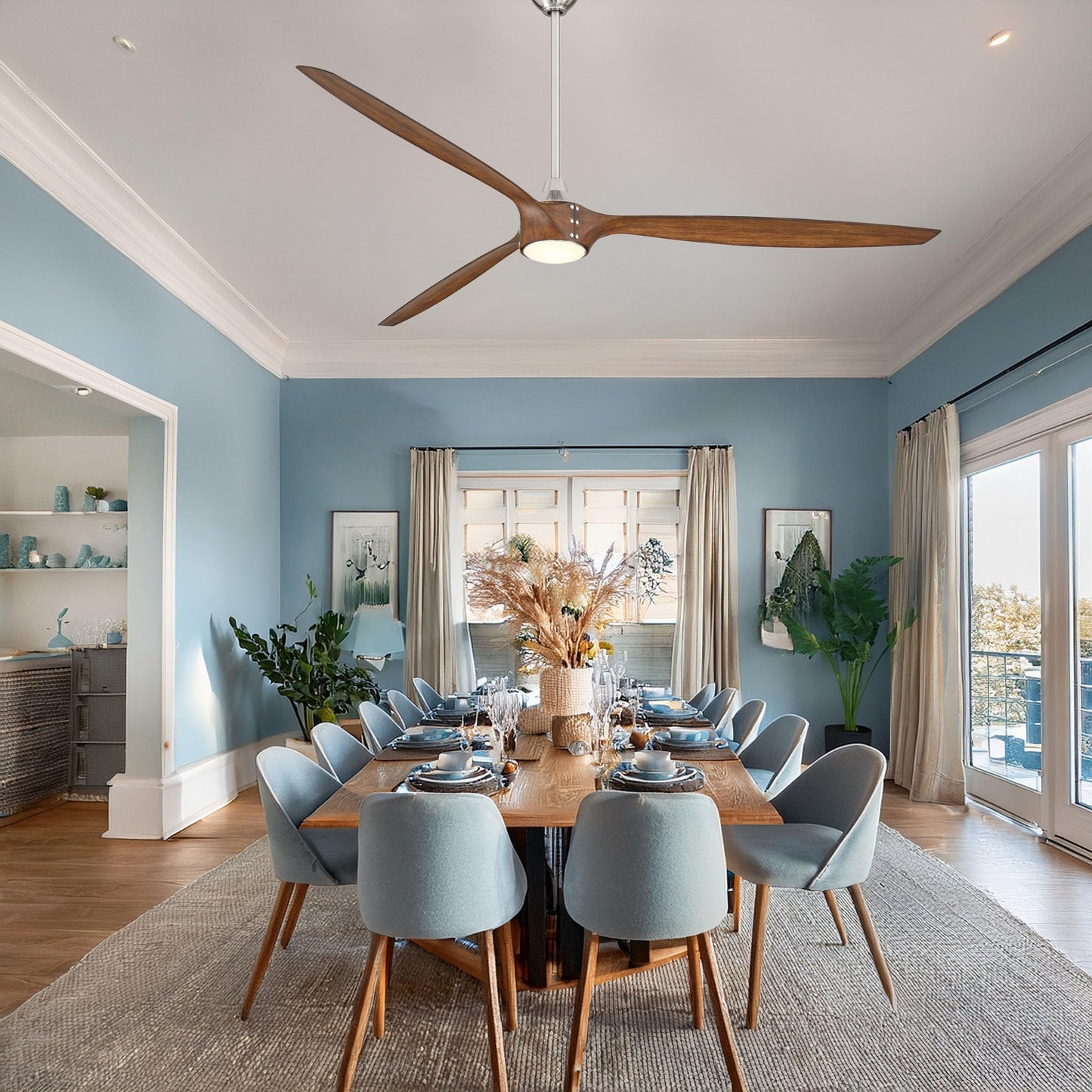 MINKA-AIRE F763L-BN/DK Pierce 84" 3-Blade LED Smart Ceiling Fan - Brushed Nickel and Distressed Koa Finish Blades with Etched Lens