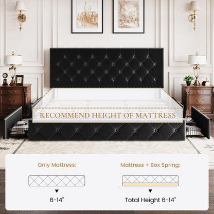 SHA CERLIN King Size Platform Bed Frame with 4 Oversized Storage Drawers, Adjustable Headboard with Velvet Upholstery, Diamond Button Tufted Design, Wooden Slat Support, No Box Spring Needed, Black
