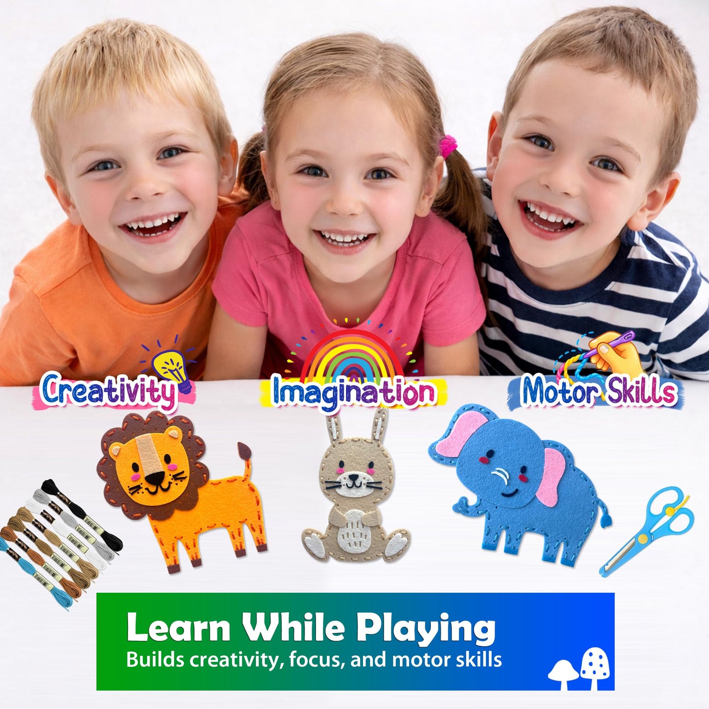 Sii Pikki Sewing Kit for Kids – 9 Easy Projects Cute Safari Animals, Beginner Sewing Kit with Felt & Instructions, Kids Sewing Kit Ages 6-12, Learn to Sew Arts & Crafts for Kids, Gift for Girls Boys