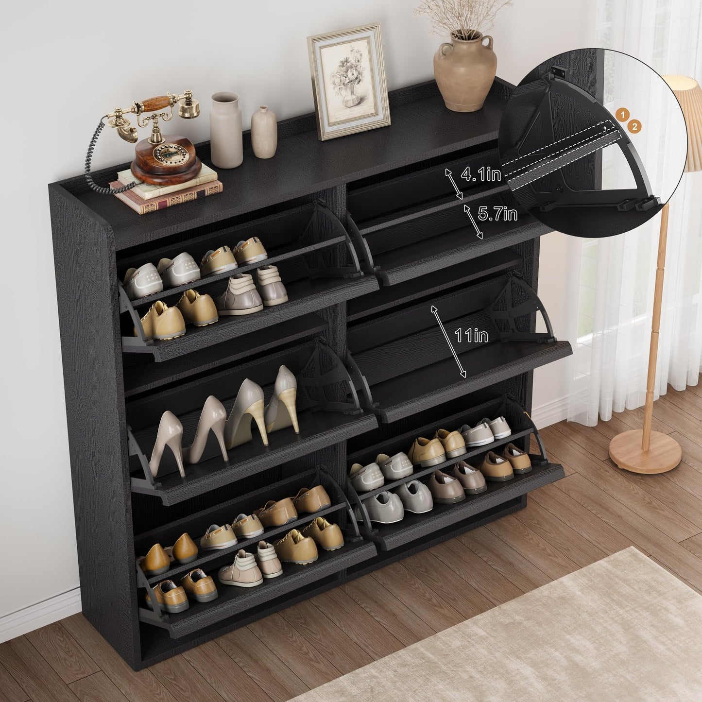 Patikuin Shoe Storage Cabinet with 6 Flip-Down Doors, Wooden Entryway Shoe Organizer with Adjustable Shelf, Hidden Hallway & Living Room Storage