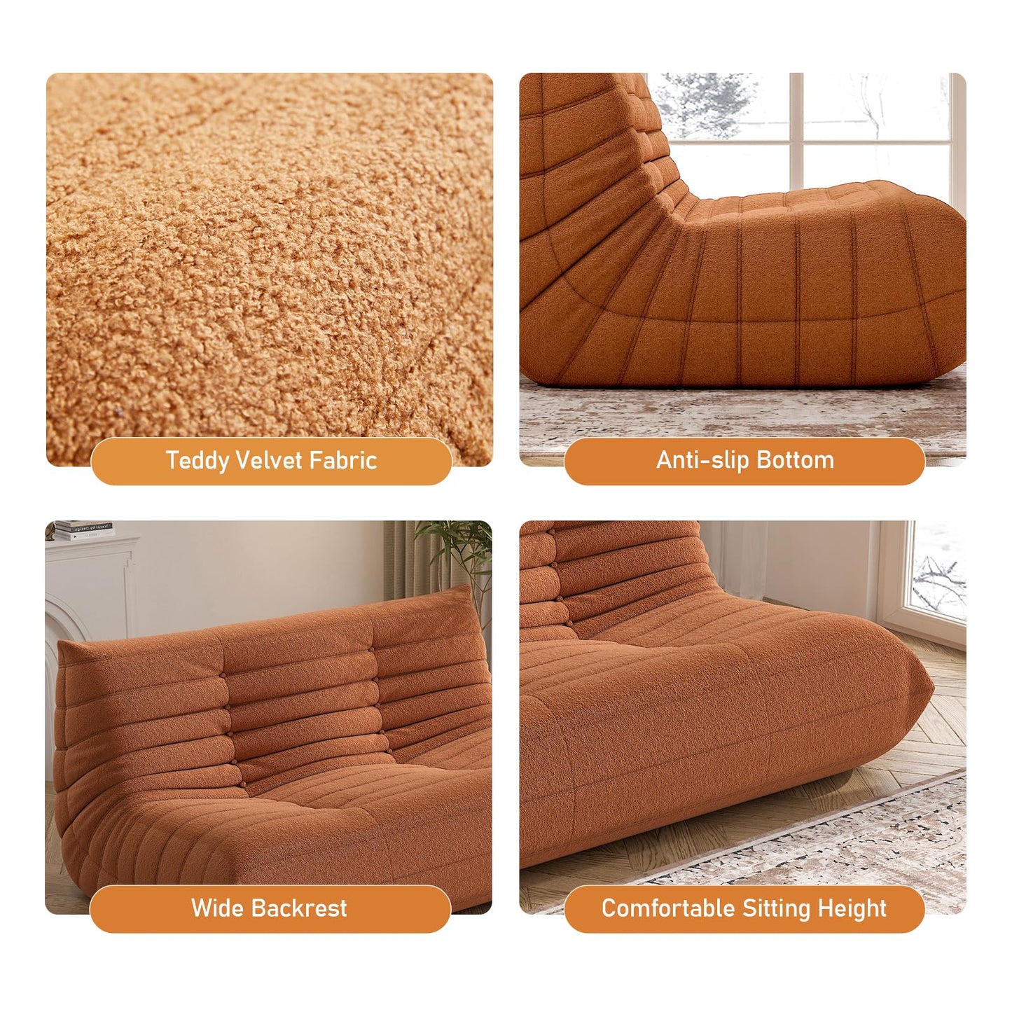 Bean Bag Chair, Loveseat Fireside Chair Bean Bag Sofa Large Bean Bag Chair for Adults, 2 Seater Bean Bag Chairs for Teens with High Density Comfortable Foam, Bean Bag for Living Room, Bedroom (Orange)