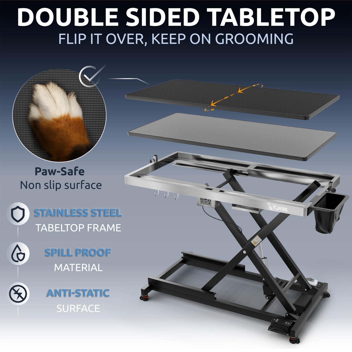 KANIS Professional Electric Dog Grooming Table - Heavy Duty, Height Adjustable Pet Grooming Table w/Leveling Wheels, Grooming Arm, Anti-Slip Tabletop & Tool Organizer/Dog Grooming Station (Black, 49")