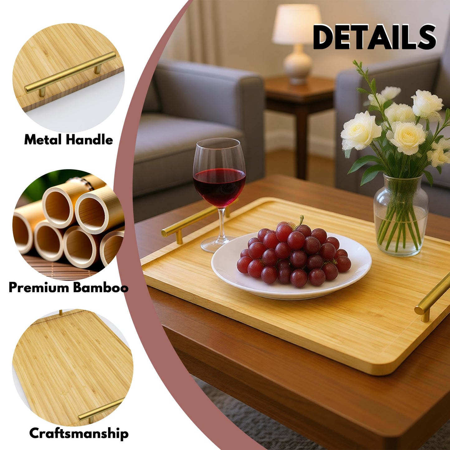 HAUSMODA 2 Pack Bamboo Serving Tray with Metal Handles, 15.8×11.4“ Solid Wooden Tray for Food, Rectangular Decorative Tray for Ottoman, Coffee Table, Living Room, Bathroom, Party