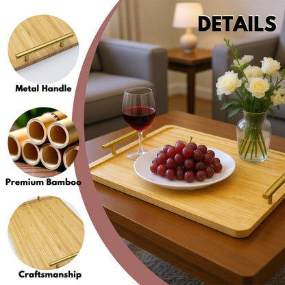 HAUSMODA 2 Pack Bamboo Serving Tray with Metal Handles, 15.8×11.4“ Solid Wooden Tray for Food, Rectangular Decorative Tray for Ottoman, Coffee Table, Living Room, Bathroom, Party