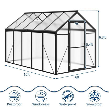 6X10 FT Greenhouse for Outdoors, Polycarbonate Flower Greenhouse with Roof Vent, Push-Pull Lockable Door, Aluminum Walk-in Greenhouses for Outside Garden Backyard, Patio, Lawn, Black