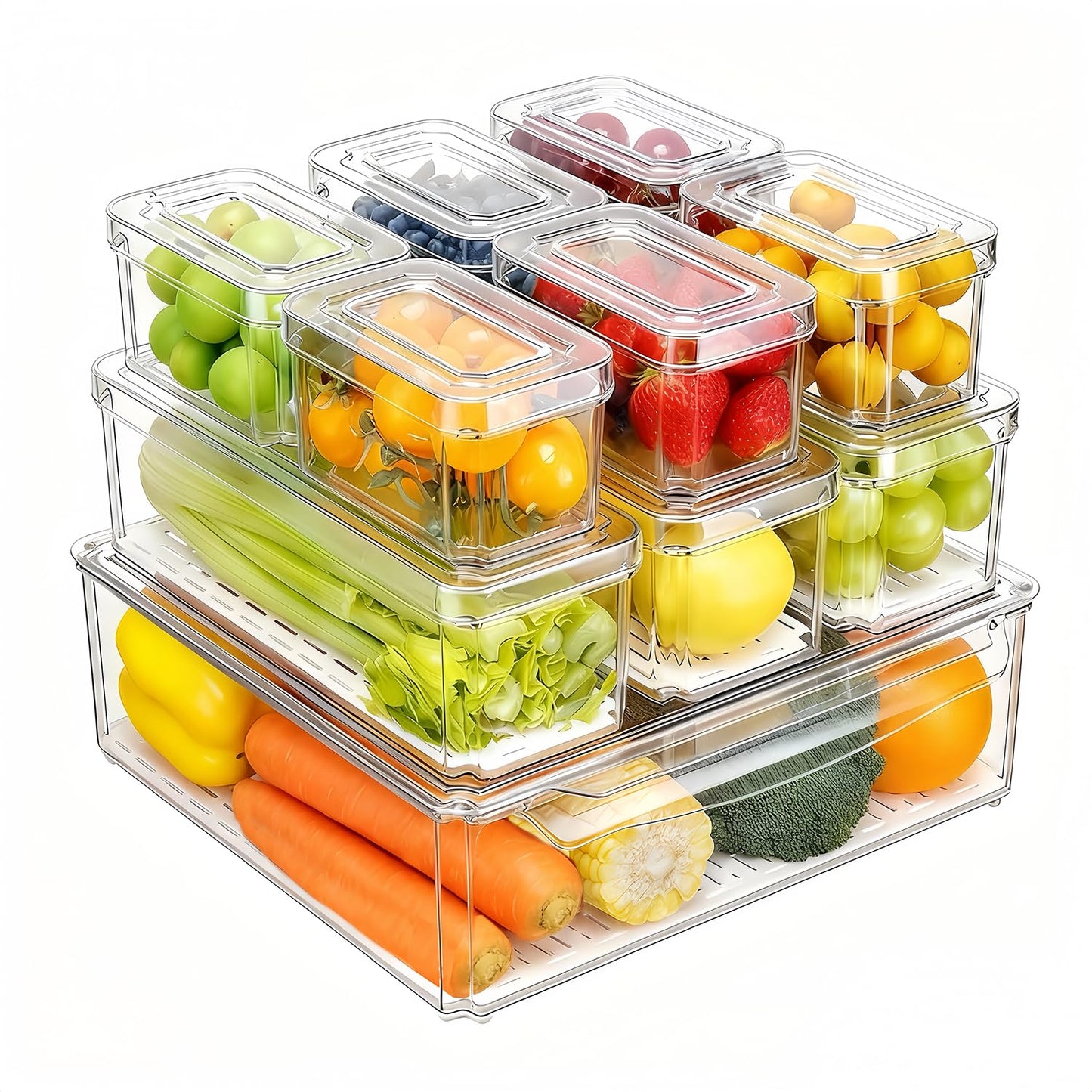 Pure Future 10-Pack Clear Fridge Organizer Containers with Lids, Stackable BPA-Free Refrigerator & Produce Storage Containers with Drain Tray & Anti-Slip Base for Fruits, Veggies & Drinks