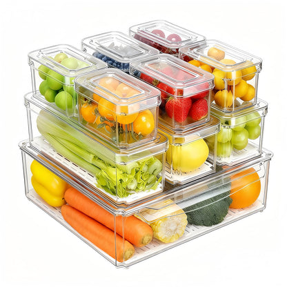 Pure Future 10-Pack Clear Fridge Organizer Containers with Lids, Stackable BPA-Free Refrigerator & Produce Storage Containers with Drain Tray & Anti-Slip Base for Fruits, Veggies & Drinks