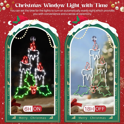 Enhon 15.8" Christmas Window Silhouette Light, Battery Operated Lighted Candles with Holly and Berry, 8 Modes Christmas Silhouette Light with Timer, for Xmas Holiday Indoor Outdoor Decor(1 Pack)