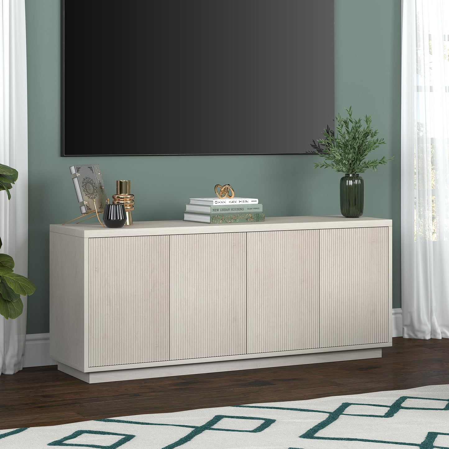 Henn&Hart Fluted TV Stand for TVs up to 65" with 2 Concealed Ribbed Storage Cabinets and Adjustable Shelves for Living Room, Family Room, or Office, Beech White
