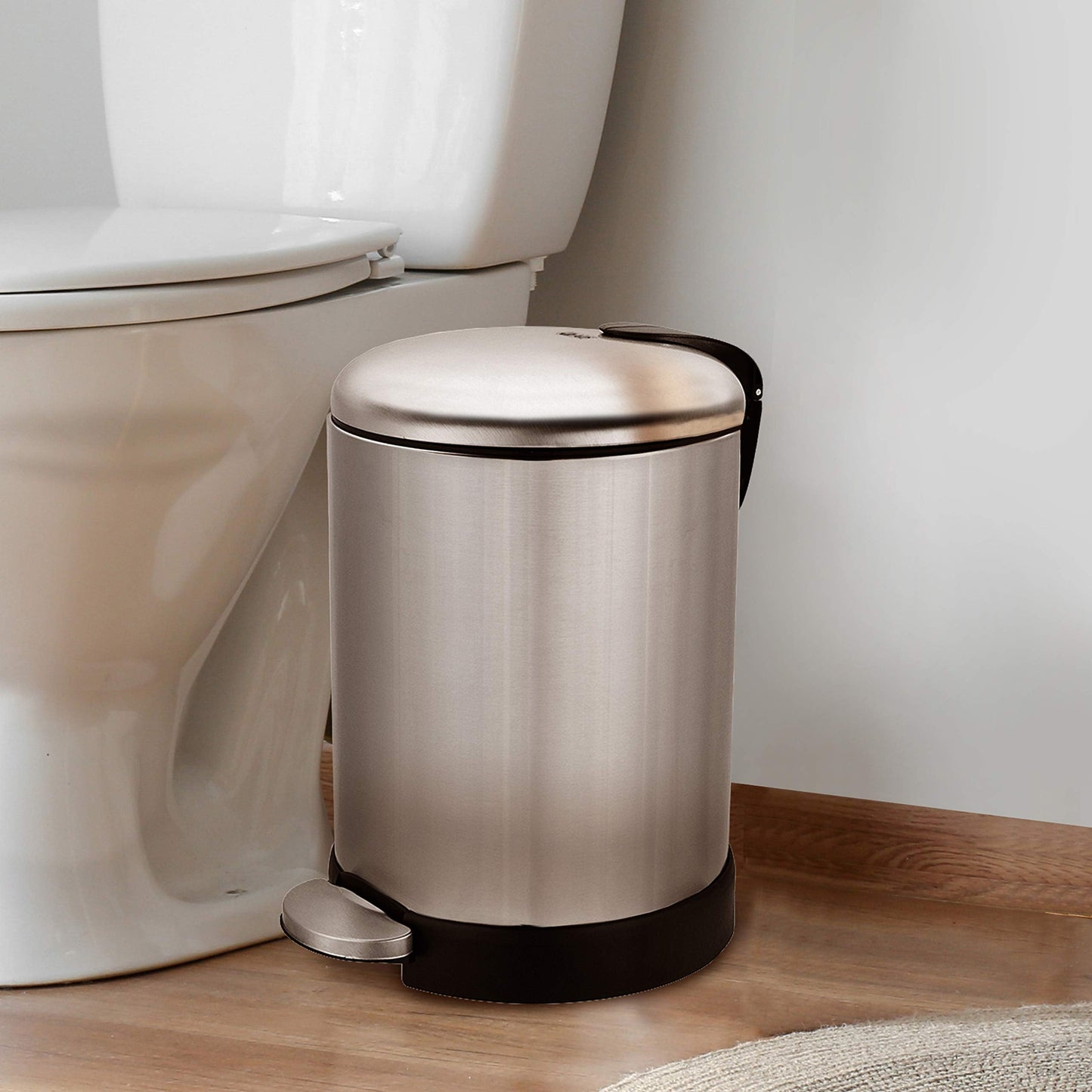 Glad Small Trash Can, 1.2 Gallon | Round Stainless Steel Garbage Bin with Soft Close Lid & Step Foot Pedal | Metal Waste Basket with Removable Inner Bucket, Stainless, 8 x 9.5 x 12 inches