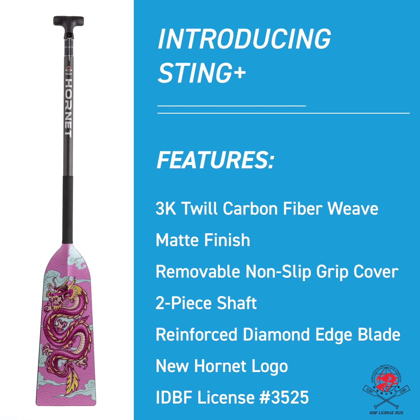 Hornet Watersports Dragon Boat Paddle - Pink Dragon- Adjustable Carbon Fiber Dragon Boat Paddle - IDBF Approved - Dragon Boat Accessories - Dragonboat Paddles (Leverlock Adjustable)