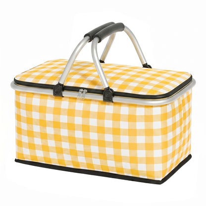 IACTIVE Insulated Picnic Basket，Collapsible Picnic Basket，30L Large Market Basket with Lid，2 Sturdy Handles，Storage Basket for Picnic，for Food Delivery，Take Outs，Market Shopping，Travel(Yellow Grid)