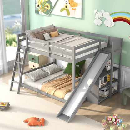 Merax Modern Full Over Full Wood Bunk Bed with Ladders and Slide, Floor Bunk Bed Frame with Storage Shelves, No Box Spring Needed, Space-Saving Grey