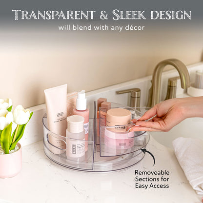 Oizeir Lazy Susan Turntable - Clear Acrylic, Removable Sections, Rotates 360 Degrees. Easily Organize Your Fridge, Cabinet or Counter. Great Carousel Storage for Food, Spices, Cosmetics. (4-Sections)
