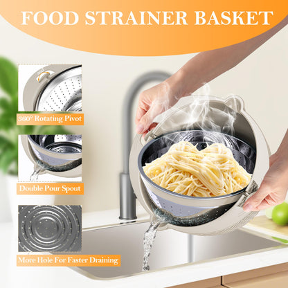 4-1 Colander with Bowl Set, Food Strainers and Colanders, Fruit Washing Bowl with Strainer, Rotatable Colander for Kitchen, Aesthetic Kitchen Gadget, Christmas & New Year Gifts - Beige