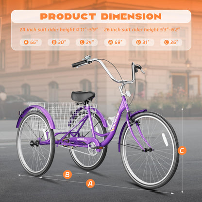 Max4out Adult Tricycle with Large Basket 24/26 Inch, Stable 3-Wheel Cruise Bicycle for Shopping, Beach and City Trike Perfect for Men, Women, Seniors, 26 Purple