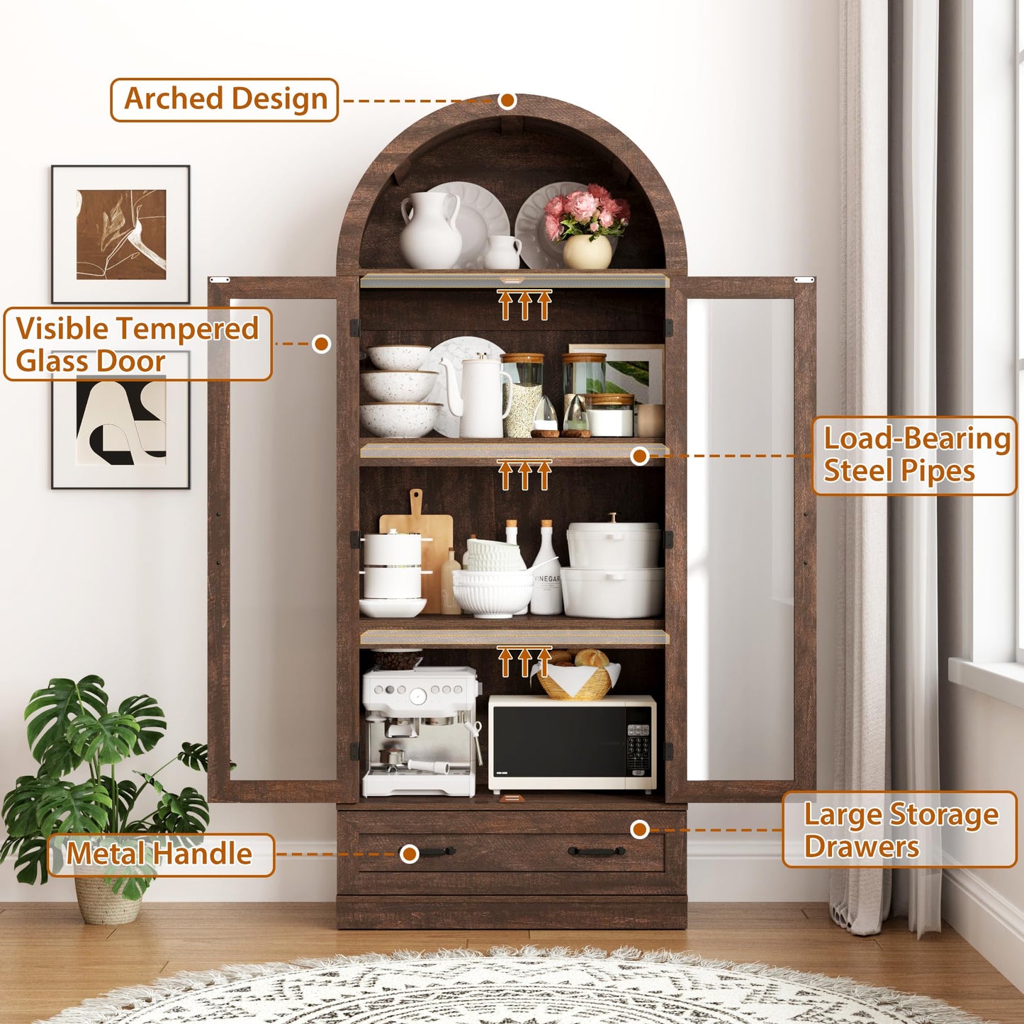 75" Tall Arched Kitchen Pantry Cabinet w Load-Bearing Steel Pipe,Modern Farmhouse Kitchens Storage Cabinet with Drawer and Glass Doors,Tall Arched Bookcase,Pantry Organizer(Rustic Brown)