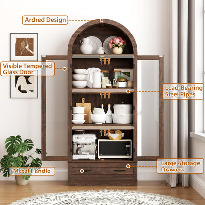 75" Tall Arched Kitchen Pantry Cabinet w Load-Bearing Steel Pipe,Modern Farmhouse Kitchens Storage Cabinet with Drawer and Glass Doors,Tall Arched Bookcase,Pantry Organizer(Rustic Brown)