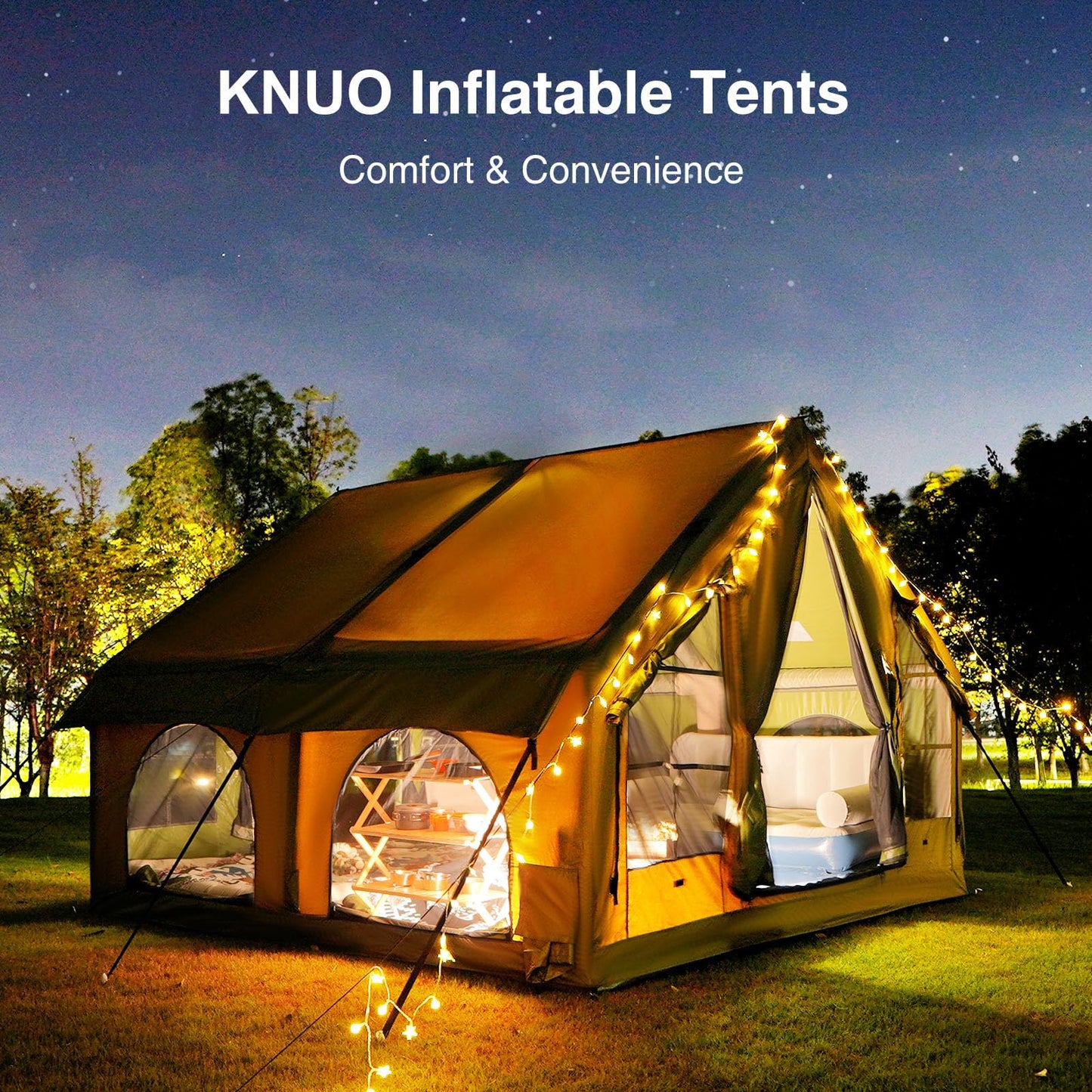 KNUO 2026 Upgraded Waterproof Inflatable Camping Tent for 5-8 People, Large Blow-Up Air Tent, No Assembly Needed Luxury Glamping House, 10x10ft Oxford Fabric,Green