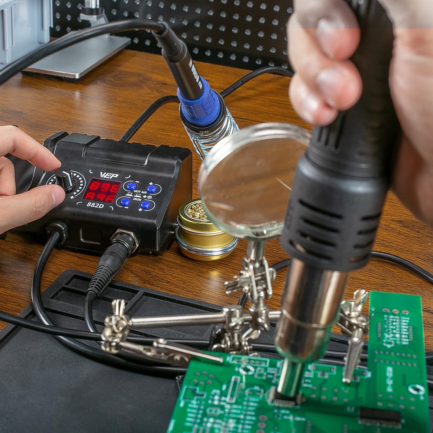 WEP 882D Soldering Iron Station 2-IN-1 SMD Hot Air Rework Station with 2 Spools of Solder Wire, 5 Soldering Tips, 3 Hot Air Nozzles, Brass Wool Tip Cleaner, Tweezers, Desoldering pump