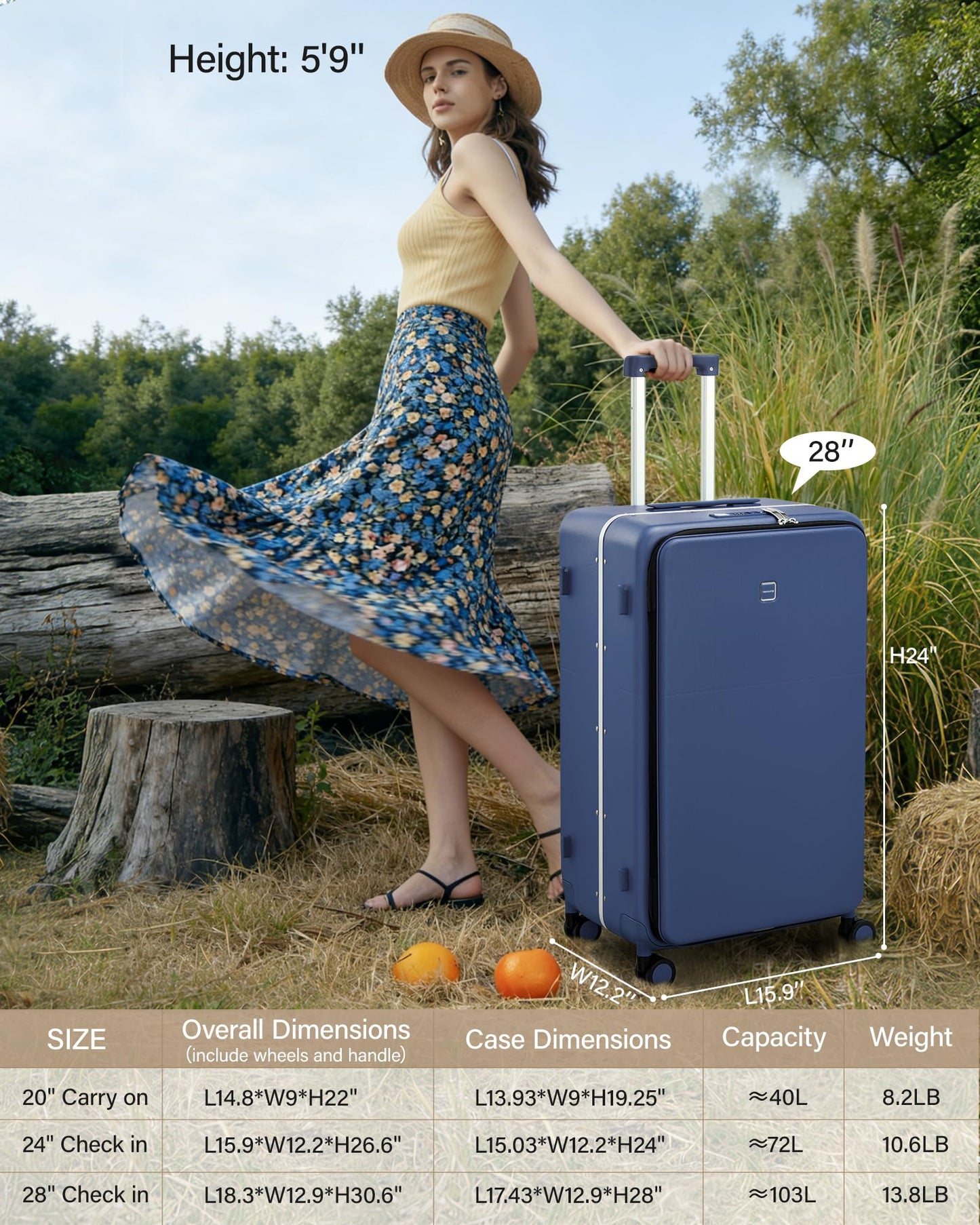 Hanke 28 Inch Top Opening Hard Shell Checked Luggage, PC Aluminum Frame Large Trunk Luggage with Cup Holder & USB Ports, TSA Lock, 8 Silent Spinner Wheels, Removable Divider, Interstellar Blue