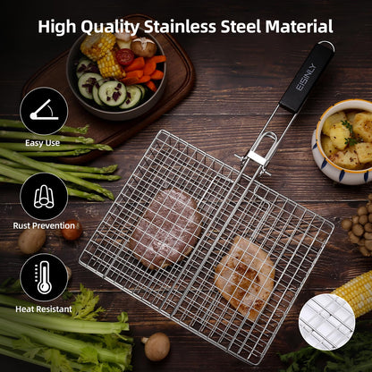 Portable Grill Basket, EISINLY BBQ Grilling Basket for Outdoor Grill with Removable Handle, Stainless Steel Camping Cooking Grill Accessories for Chicken Fish Vegetable