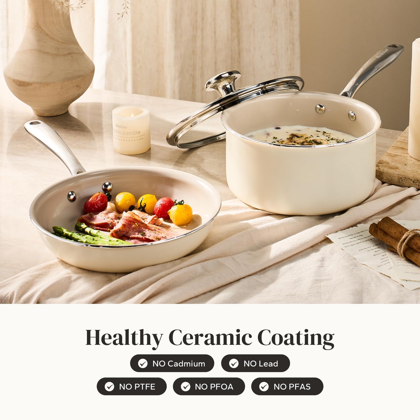 Redchef Sauce Pan & Frying Pan Set, 8" Ceramic Nonstick Fryingpan & 2.5Qt Saucepan with Lid, Mini Cookware Set, Induction Compatible, Nontoxic PTFE PFOA Free, Oven & Dishwasher Safe, Beige