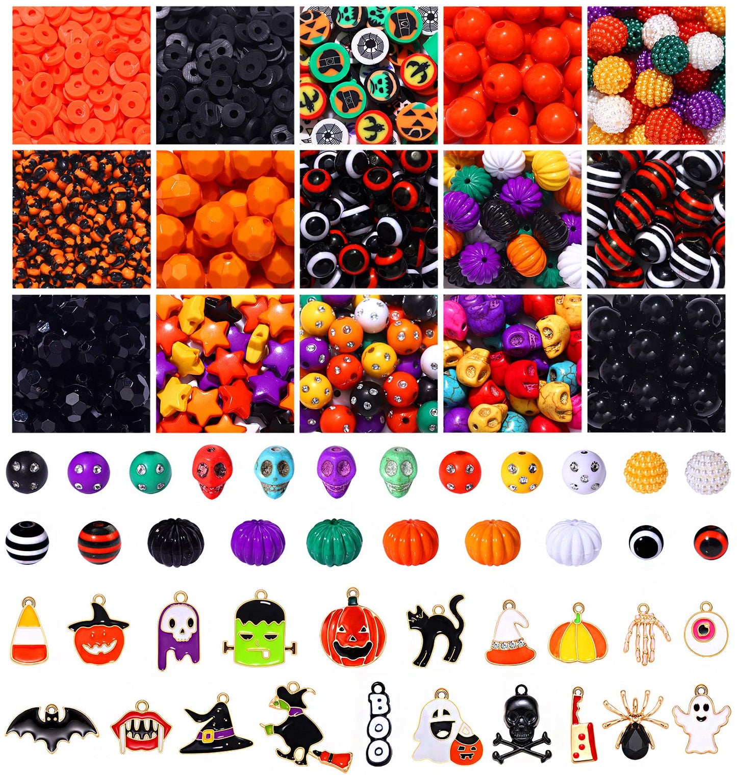 2200PCS+ Halloween Beads Charms for Jewelry Making Polymer Clay Beads Pumpkin Skull Evil Eye Beads Enamel Ghost Spider Charms for DIY Bracelet Necklace Earrings