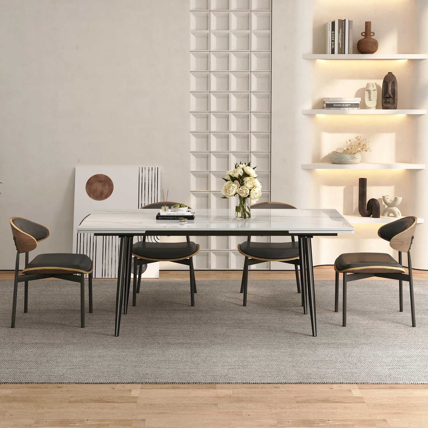 62.9"–94.4" Extendable Sintered Stone Dining Table for 6–10, Modern White Rectangular Kitchen Table with Stainless Steel Legs, Heat & Scratch Resistant, for Indoor & Outdoor Use