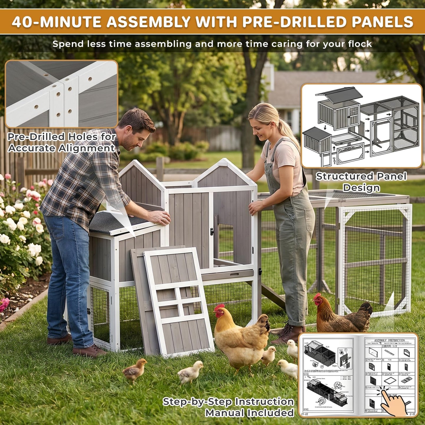 Large Outdoor Chicken Coop with Run & Wheels, 95.3" Wooden Hen House for 3–6 Chickens, 3-Compartment Nesting Box (2 Dividers), Pull-Out Tray, UV-Resistant Roof, Predator-Resistant Wire Mesh