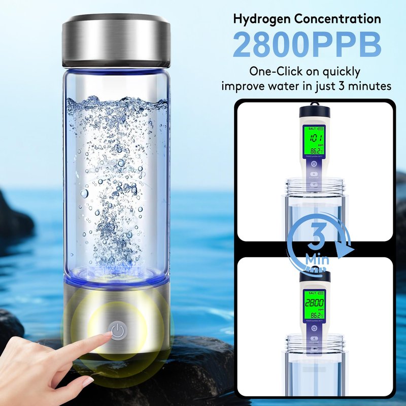 Hydrogen Water Bottle, 2800PPB in 3Min, SPE PEM Tech, Portable 16OZ, Rechargeable Hydrogen Water Bottle for Travel, Home, Office – Gift for Family & Friends (XR-15)