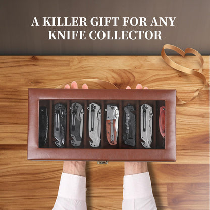 AUTOARK 3-Tier PU Leather & Velvet Knife Organizer with 26 Slots,Transparent Glass Top & Drawer,Compact Storage for Pocket Knives,Ideal for Men's Collections & Gifts,Coffee,MKAW013
