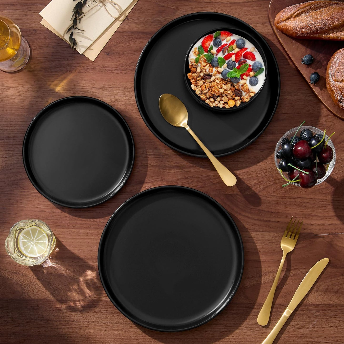 E-far 12-Piece Stoneware Plates and Bowls Sets, Dinnerware Sets for 4, Ceramic Dishware Dishes Set with Terracotta Base, Chip & Scratch Resistant, Microwave & Dishwasher Safe, Matte Black