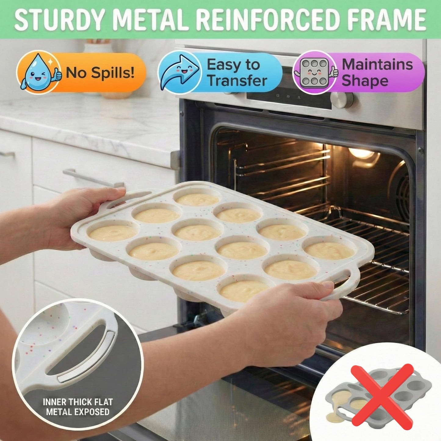 BAKE BOSS 2-Pack Silicone Muffin Pan for Baking with Metal Reinforced Frame -12 Cup Regular Size Cupcake Pan, BPA Free Silicone Muffin Tray - Cupcake Baking Pan Molds for Oven & Dishwasher Safe