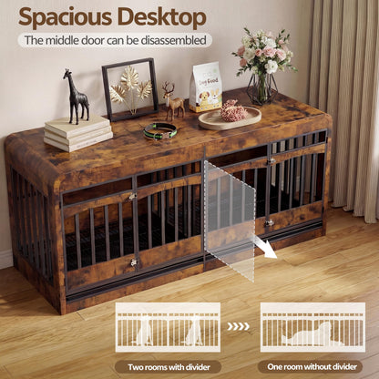 Homiflex 72" Double Dog Crate Furniture, Dog Crates for 2 Medium Large Dogs, Dog Cage TV Stand Side Table Wooden Indoor Dog Kennel with Removable Divider & Pull-Out Tray, Rustic Brown