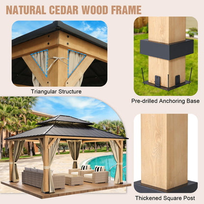 INTER HUT 13x15 Hardtop Gazebo with Netting and Curtains, Galvanized Steel Double Roof Outdoor Pavilion with Cedar Wood Frame, Patio Gazebo for Deck, Garden, Lawn, Natural Wood/Black