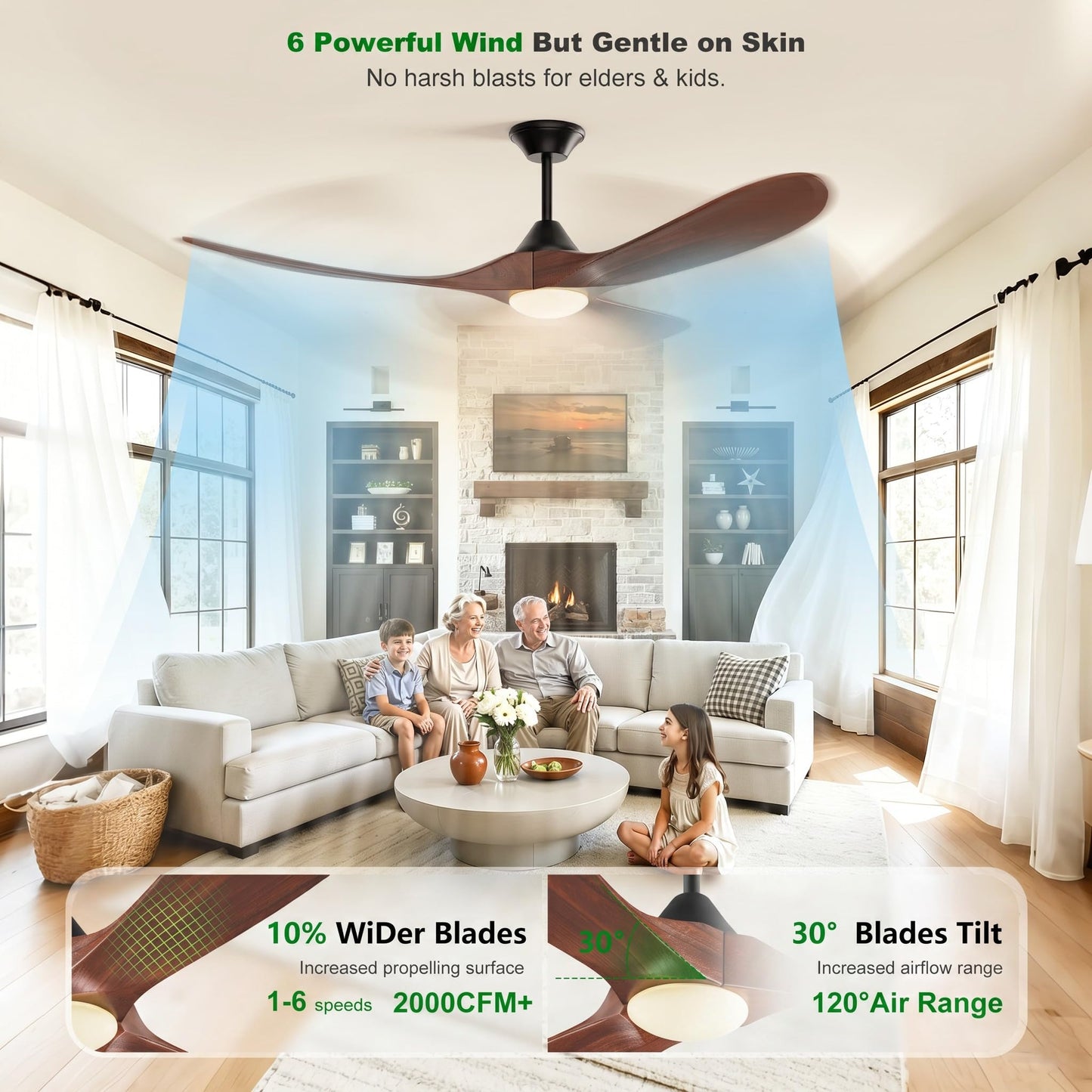 Wall Switch-60 inch Outdoor Ceiling Fan with Light Remote for Patios, Wet Rated Wood 3-Blade Propeller Ceiling Fans, Smart APP, High CFM 6-Speed DC Motor for Exterior Indoor, 3 LED Glass Lamp, Walnut