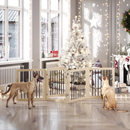 Vantas Folding Pet Gate 96" Wide, 30" Tall No-Assembly Wooden Dog Gate with Door Walk Through, Freestanding Puppy Safety Fence, with 2PCS Support - Natural White