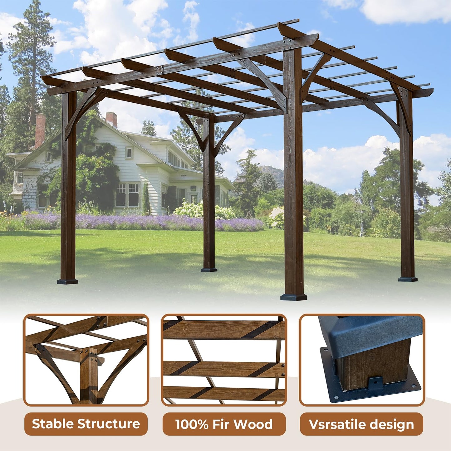 Endark 12 * 10FT Cedar Wood Pergola, Wind Secure, Strong, Quality Made, Rot Resistant, Concrete Anchors, Spacious for Outdoor Patio, Deck