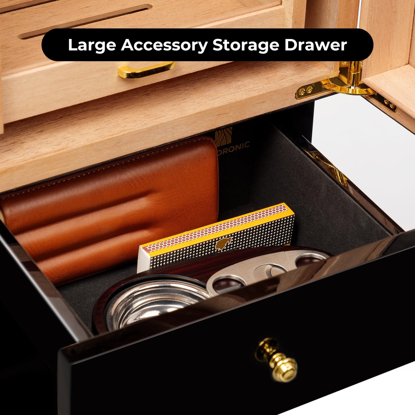 Woodronic Cigar Humidor Cabinet with LED Light, USB Cable & Adapter, Lock & Keys, Spanish Cedar Lining, Accessory Drawer, Hygrometer & Humidifiers, Glossy Ebony Finish, Gift for Fathers, 250 Counts