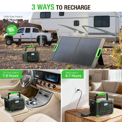 500W Portable Power Station with 100W Foldable Solar Panel, 519.48Wh Outdoor Solar Generator Backup Battery Pack with 2 AC Outlets, for RV, Van, Camping, Climbing, Road Trip & Home Emergency Use