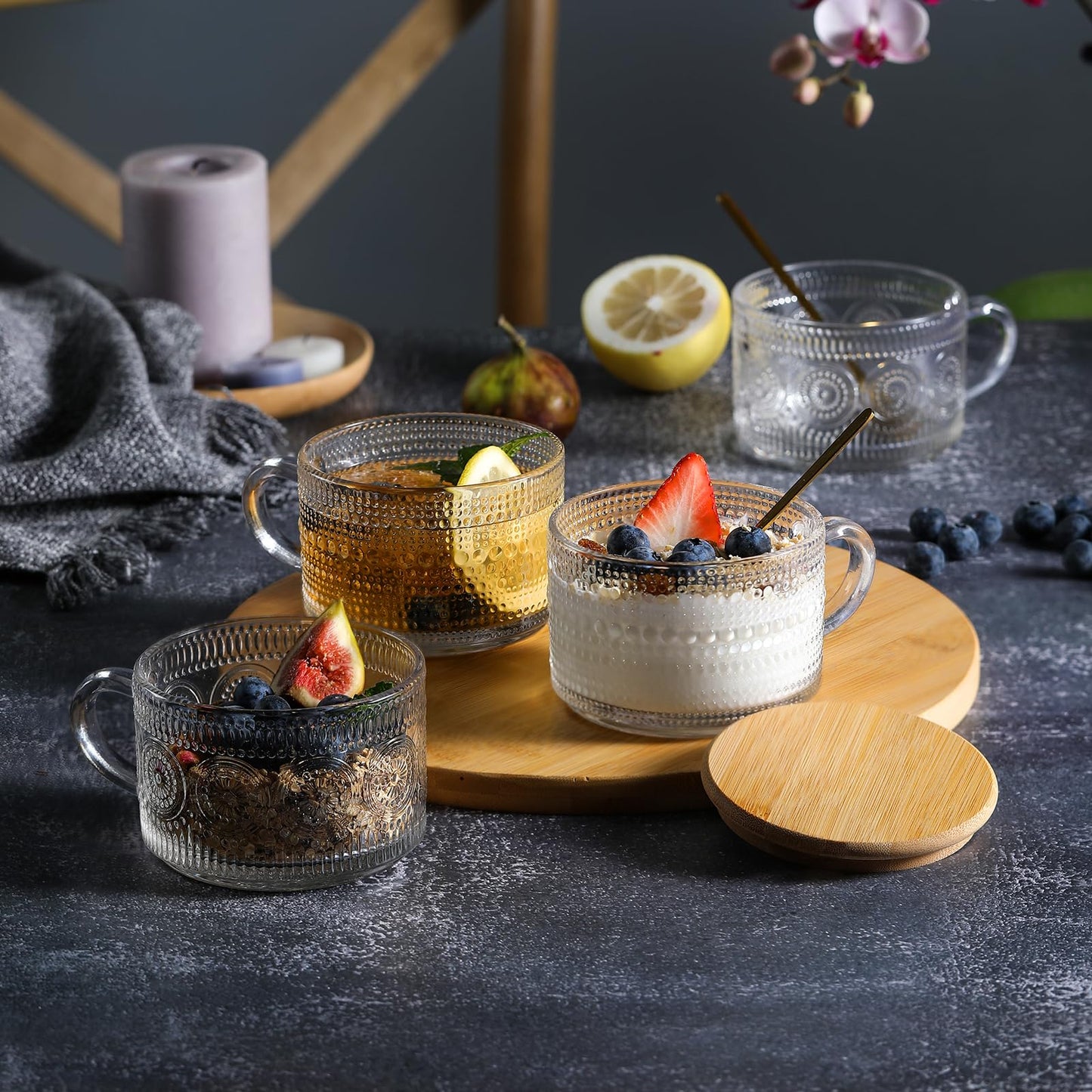 4pcs Set Vintage Coffee Mugs gifts for women, Overnight Oats Containers with Bamboo Lids and Spoons - 14oz Clear Embossed Glass Cups, Cute Coffee Bar Accessories, Iced Coffee Glasses