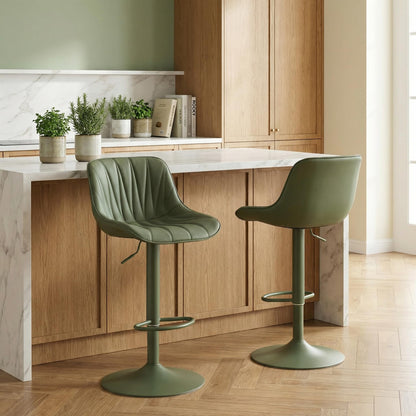YOUNIKE Bar Stools Set of 2, Faux Leather Padded Bar Stool Counter Height Swivel Bar Chairs, Modern Adjustable Barstools with Back for Kitchen Island, Full Pea Green Same-Color Base